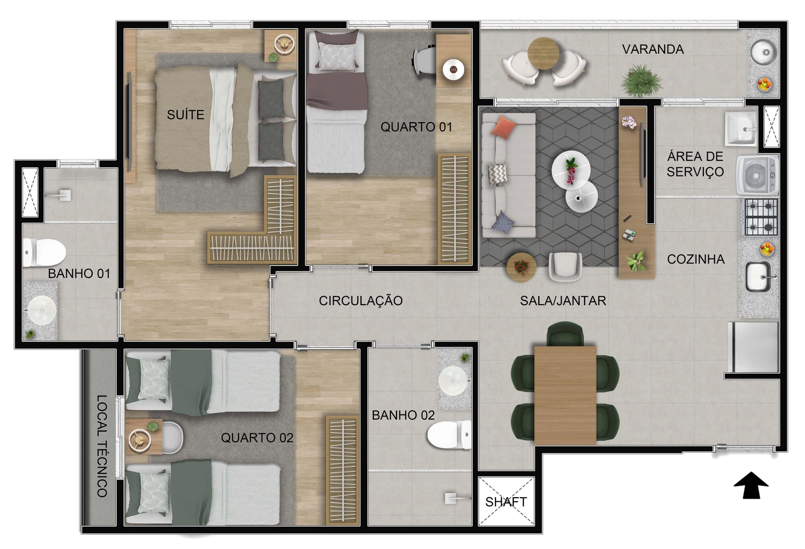 Planta 3 quartos com Suíte · Opções de 73m² a 132m²